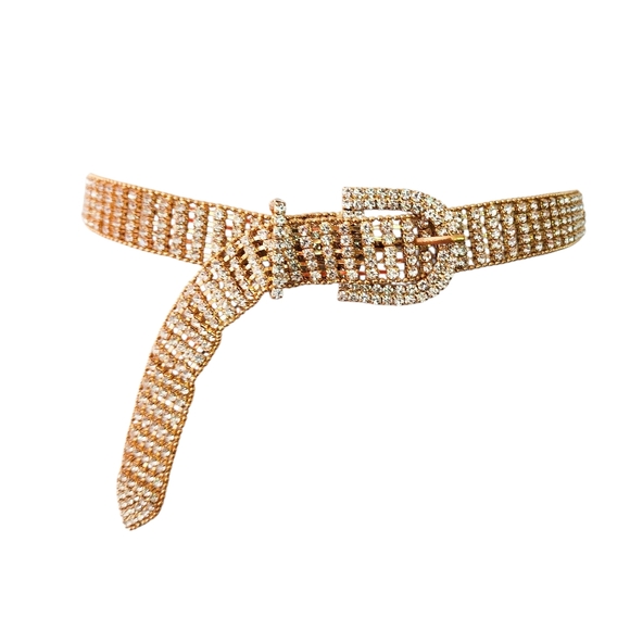 Y2K rhinestone belt yellow gold tone adjustable length rhinestone